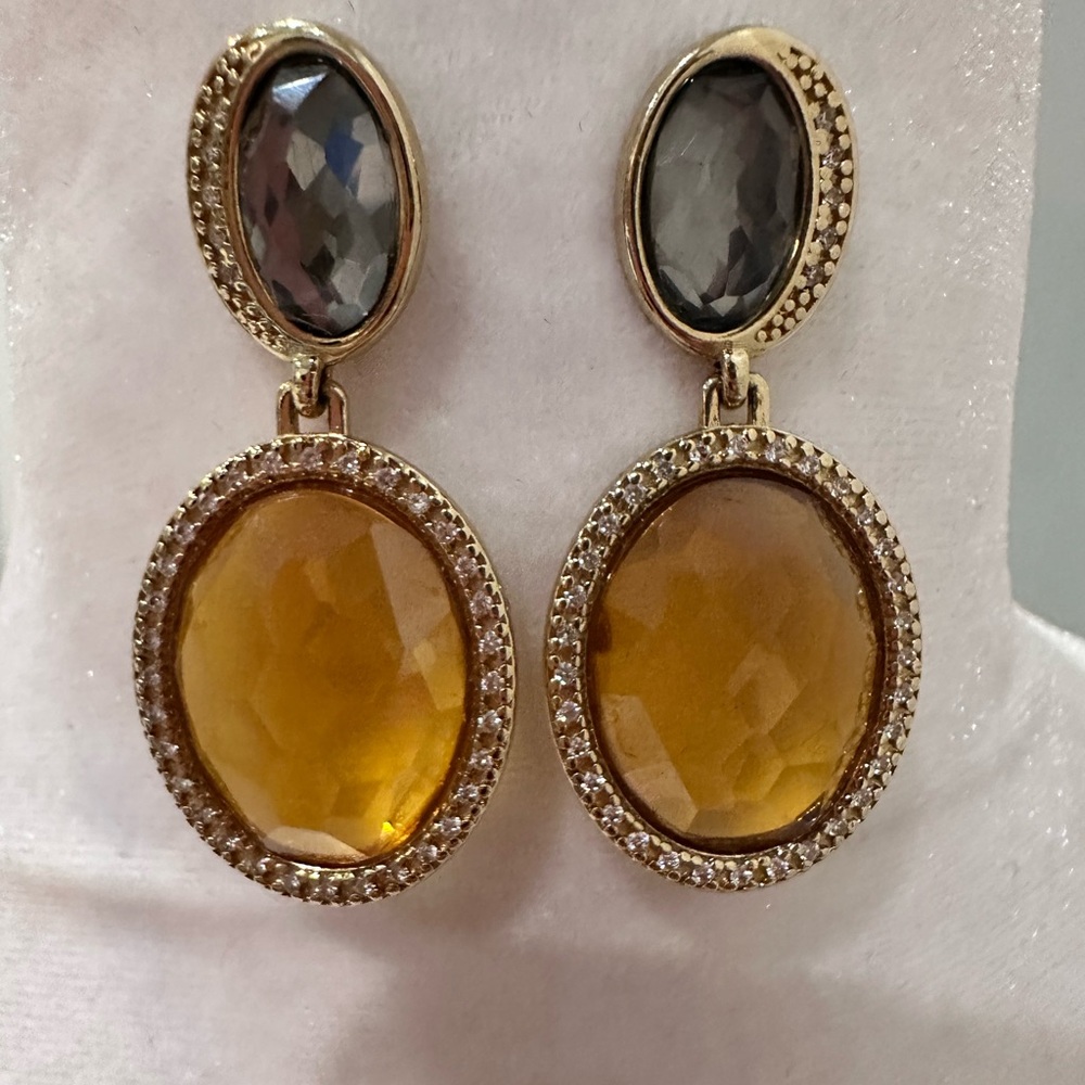 Earrings, Faceted Stones, Pierced Pendant Earrings, Amber stones